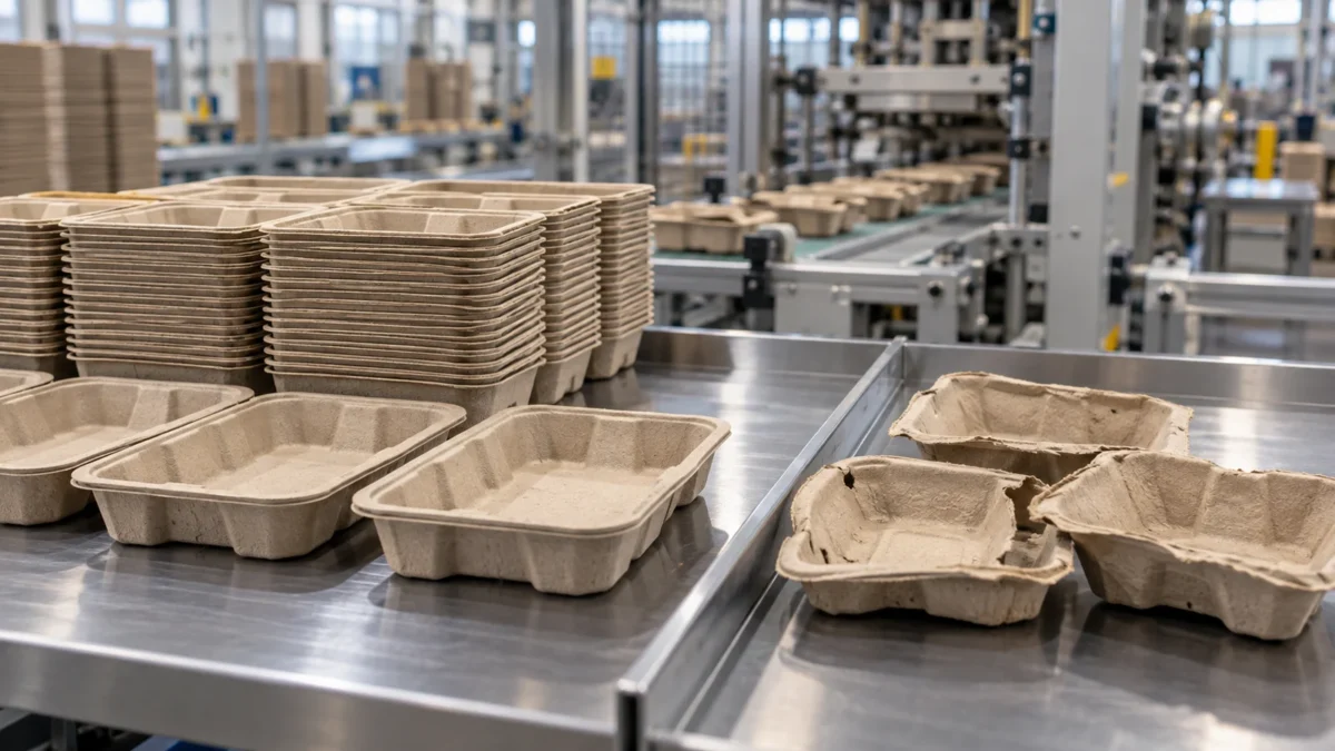 Unprinted fiber trays separated for a conceptual production-quality check.