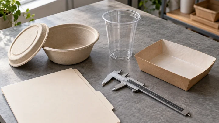 Different food-packaging samples, a caliper and a blank specification folder on a procurement desk.