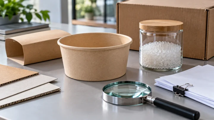 A plain food container, blank inspection papers and material samples on a generic quality desk.