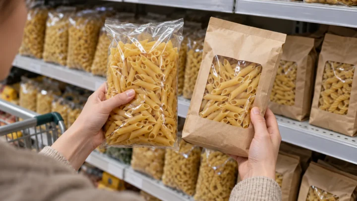 A shopper compares two plain pasta packs on a generic grocery shelf.