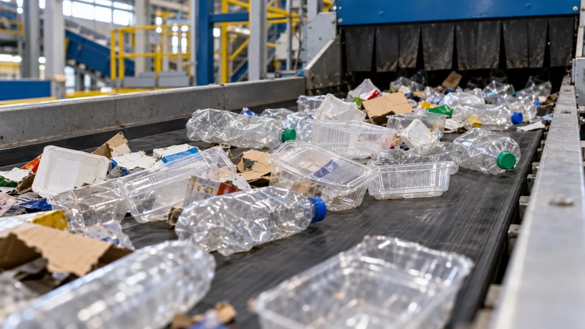 Clear PET bottles and trays on a generic recycling sorting belt.