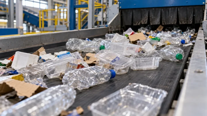 Clear PET bottles and trays on a generic recycling sorting belt.