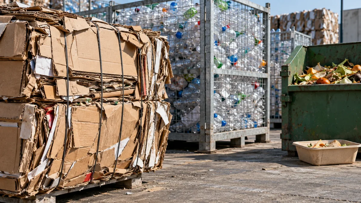 Separate recovered-cardboard, PET-bottle and food-scrap streams at a generic receiving yard.