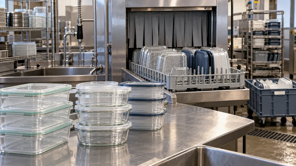 Reusable containers and lids in racks beside a generic commercial washing station.