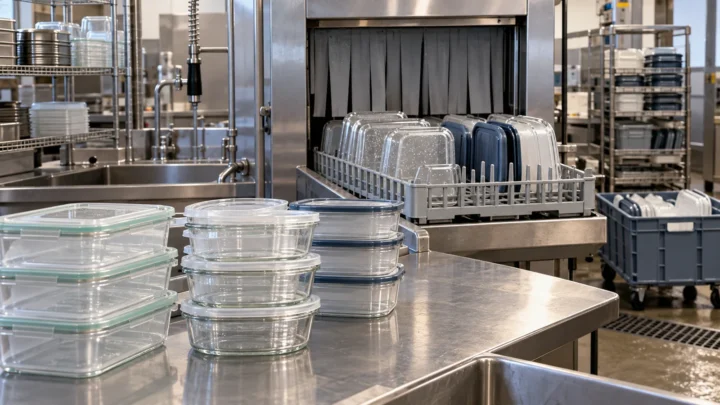 Reusable containers and lids in racks beside a generic commercial washing station.