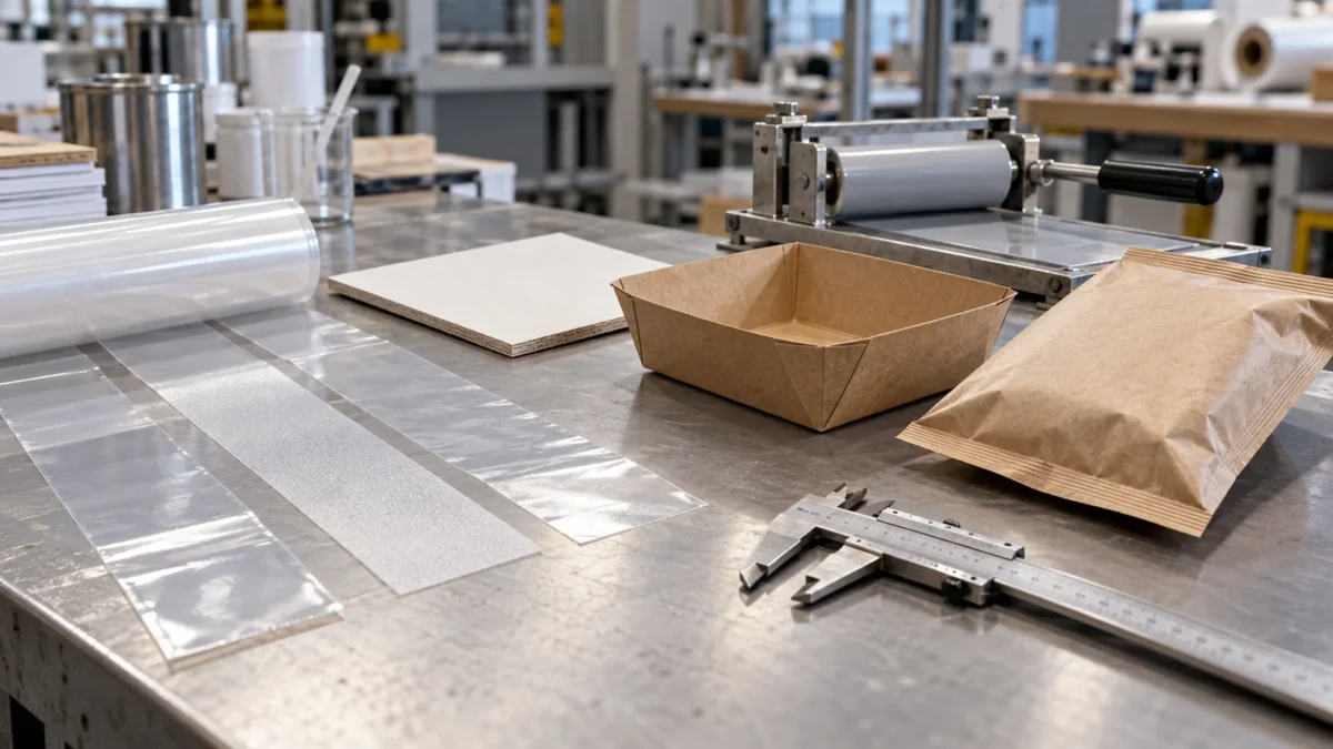 Unprinted film, coated board and formed packaging samples on a generic development workbench.