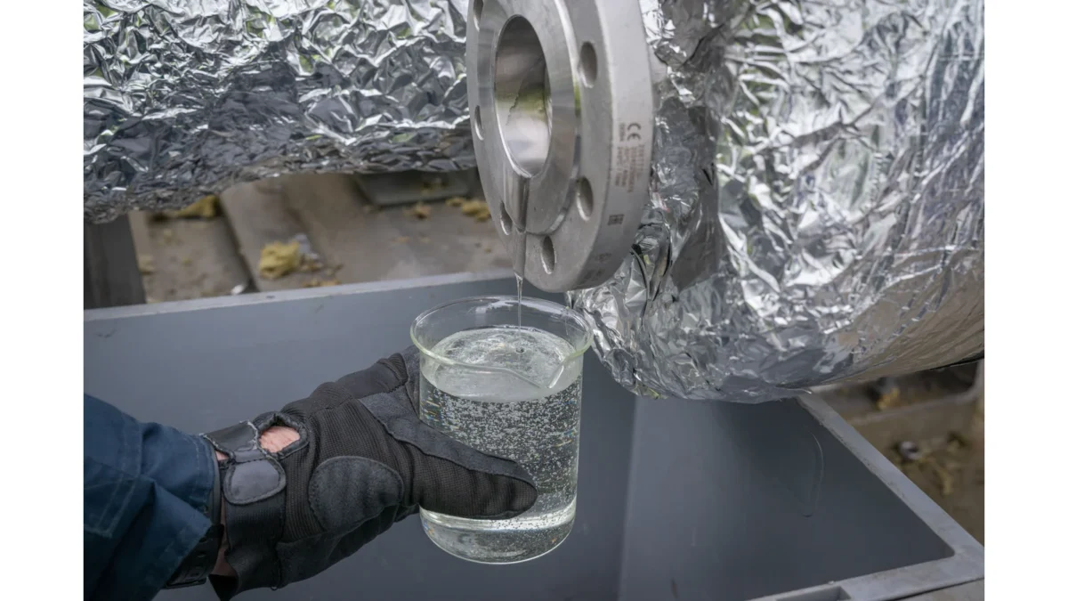 A gloved worker takes a clear syrup sample from insulated industrial pipework.