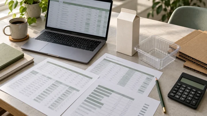 Packaging samples and separate data sheets on a generic market analyst’s desk.