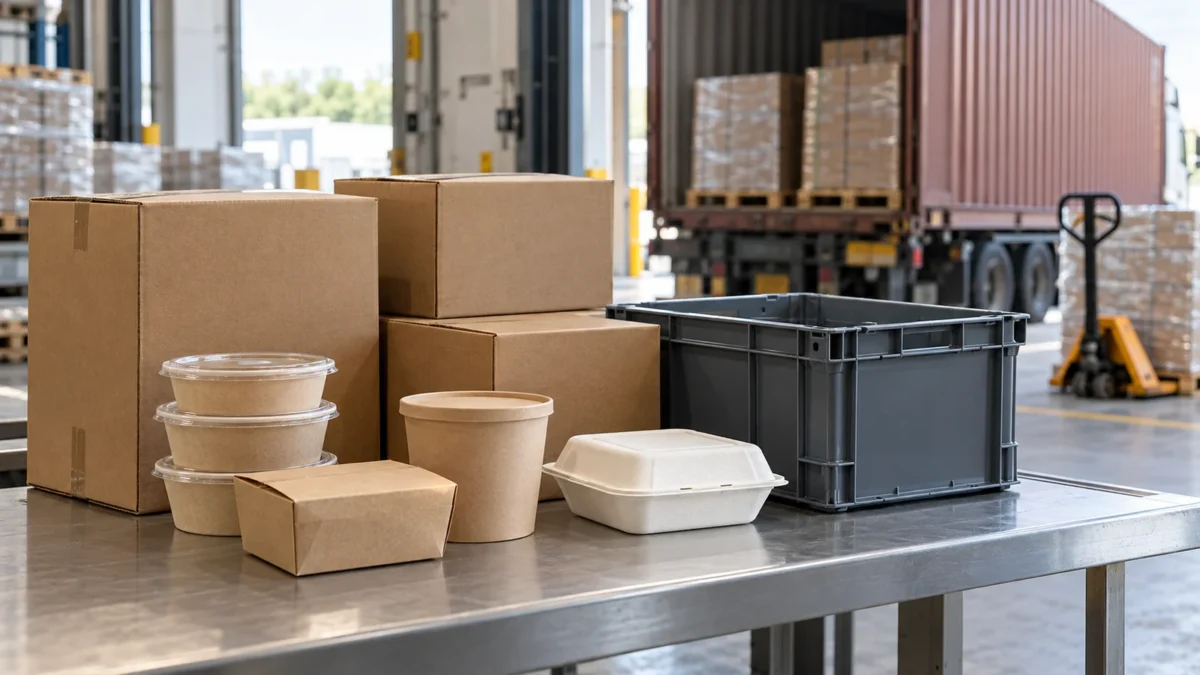 Plain cartons, a reusable transport tote and unprinted foodservice packaging at a generic warehouse.