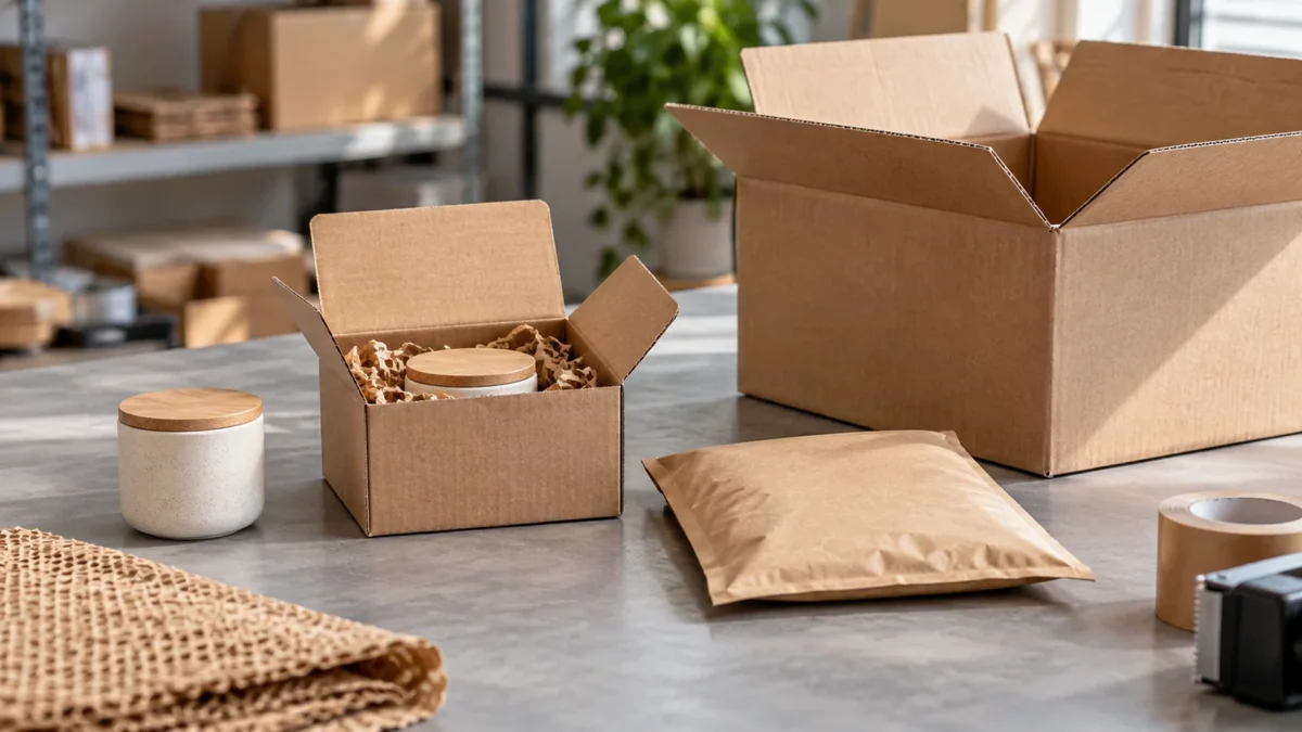 AI-generated editorial illustration of generic compact and oversized e-commerce parcels beside a paper mailer.