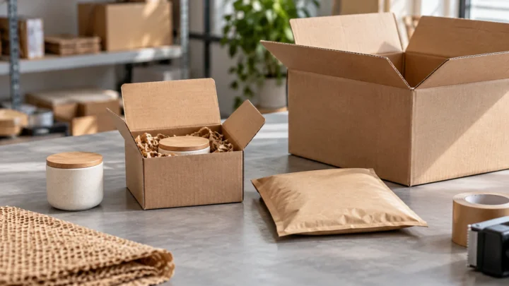 AI-generated editorial illustration of generic compact and oversized e-commerce parcels beside a paper mailer.