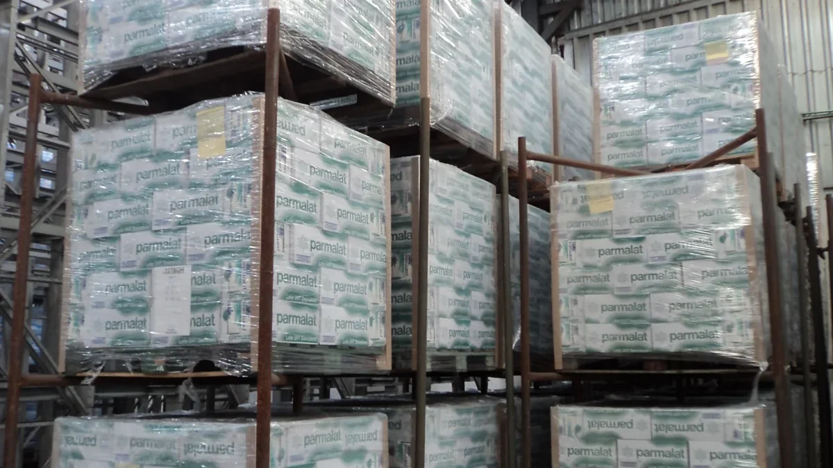 Wrapped pallets of Parmalat milk cartons stored in a warehouse in Governador Valadares, Brazil