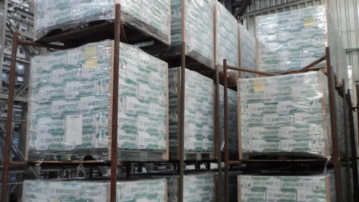 Wrapped pallets of Parmalat milk cartons stored in a warehouse in Governador Valadares, Brazil