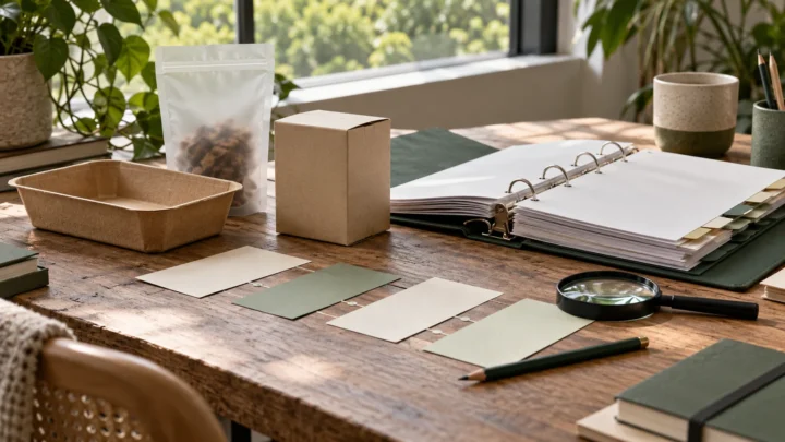 Generic packaging samples and a blank compliance file on a desk.