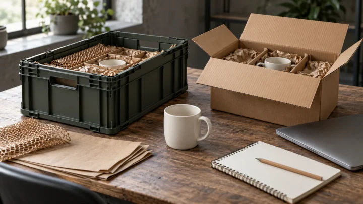 A reusable crate and corrugated package beside a ceramic mug.