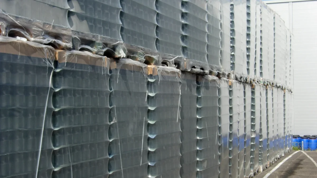 Pallets of glass bottles wrapped for storage outdoors