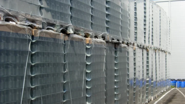 Pallets of glass bottles wrapped for storage outdoors