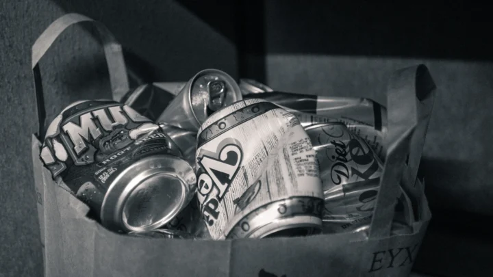 Used beverage cans collected in a paper grocery bag