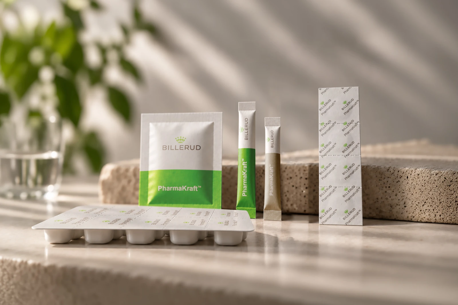 Billerud PharmaKraft paper sachet, stick packs, strip packaging and blister-lidding examples.