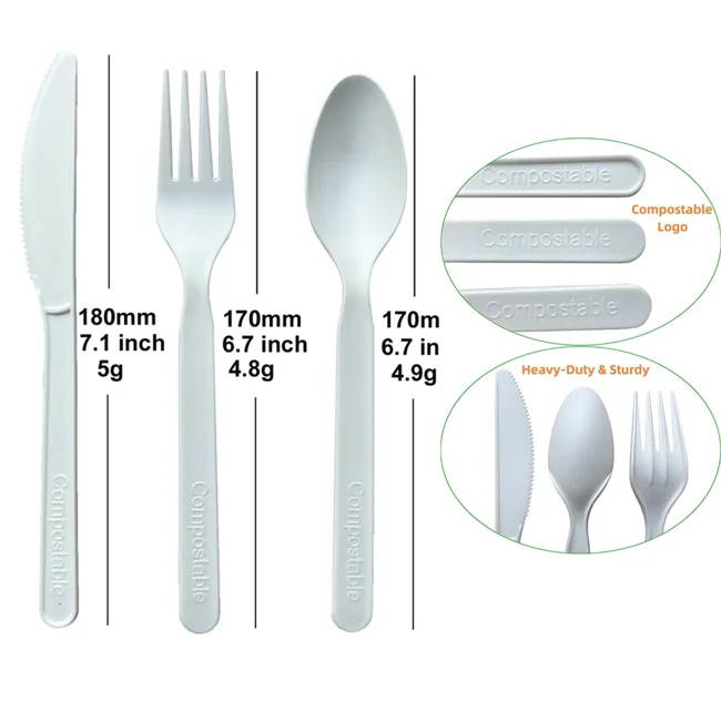 White CPLA fork, spoon and knife shown in an official product photograph