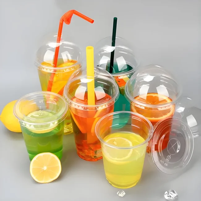 Clear PLA beverage cups with drinks and dome lids