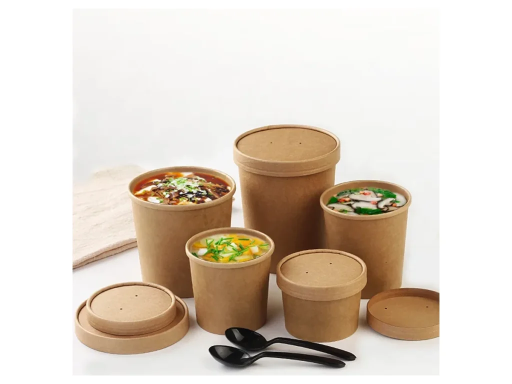 Kraft paper soup bowls in several sizes with matching lids