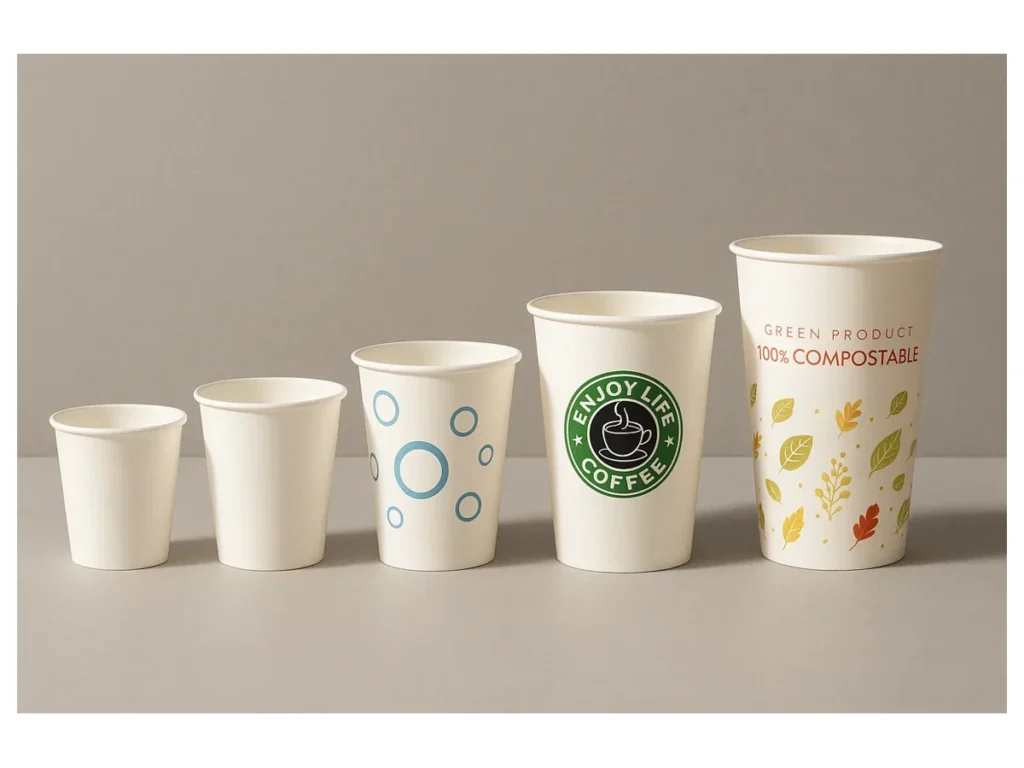 Bioleader paper cups in a range of sizes and printed designs