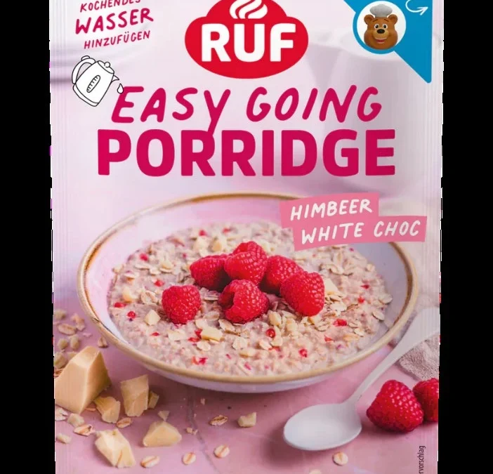 RUF Easy Going Porridge raspberry and white chocolate pouch with sealed edges