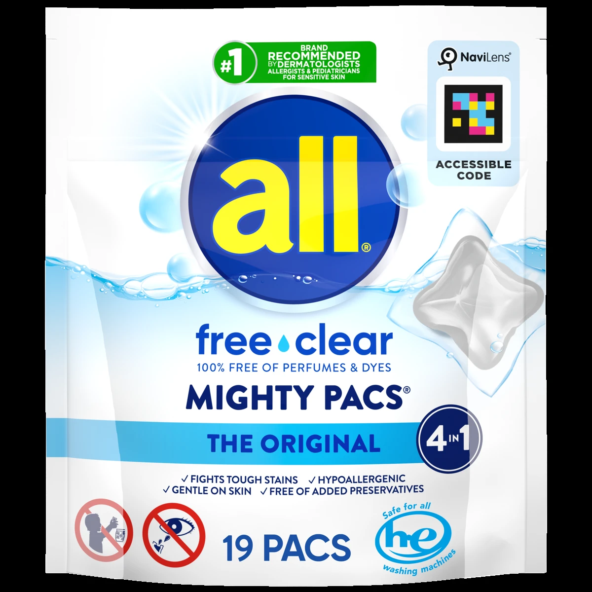Company-supplied front view of an all free clear Mighty Pacs pouch with a coloured NaviLens code
