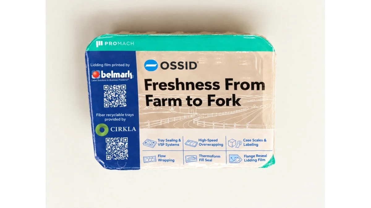A fibre tray with resealable printed lidding showing Cirkla, Belmark and Ossid branding.