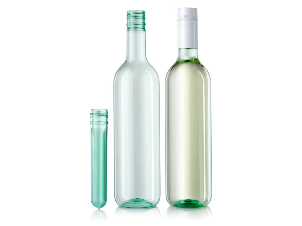 ALPLA PET wine bottles displayed with a bottle preform