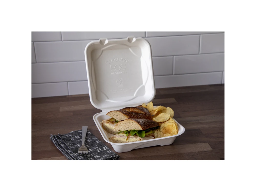 Open Eco-Products Vanguard molded fiber clamshell container