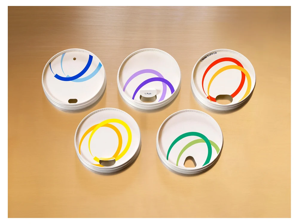 Seda EcoFit paperboard cup lids with colored printed designs