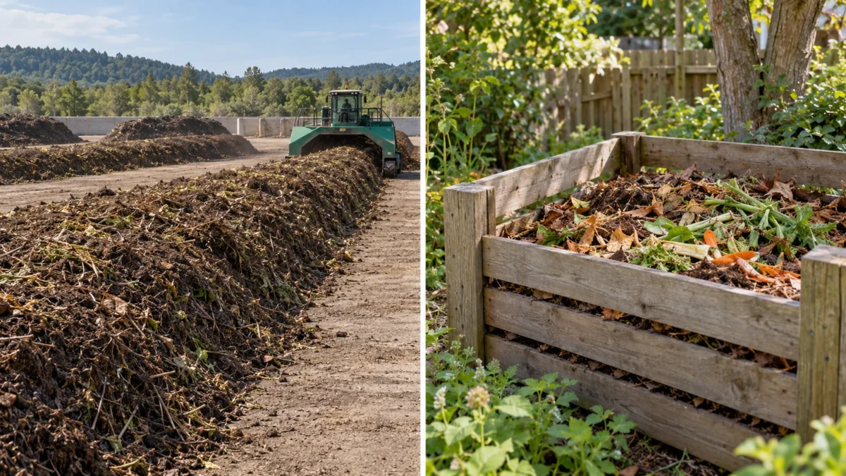 AI-generated diptych illustrating an industrial composting operation and a household garden compost bin, without packaging in either stream.