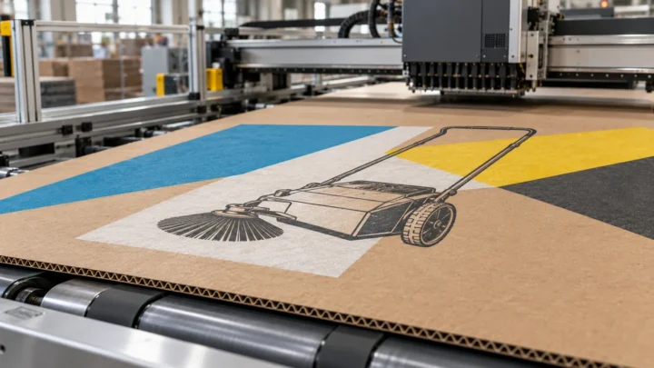 Editorial illustration of colour graphics printed over a white base on brown corrugated board passing through a digital press.