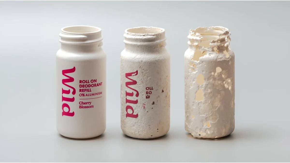Three white VIVOMER roll-on bottles showing different degrees of surface break-up in a company-supplied image.