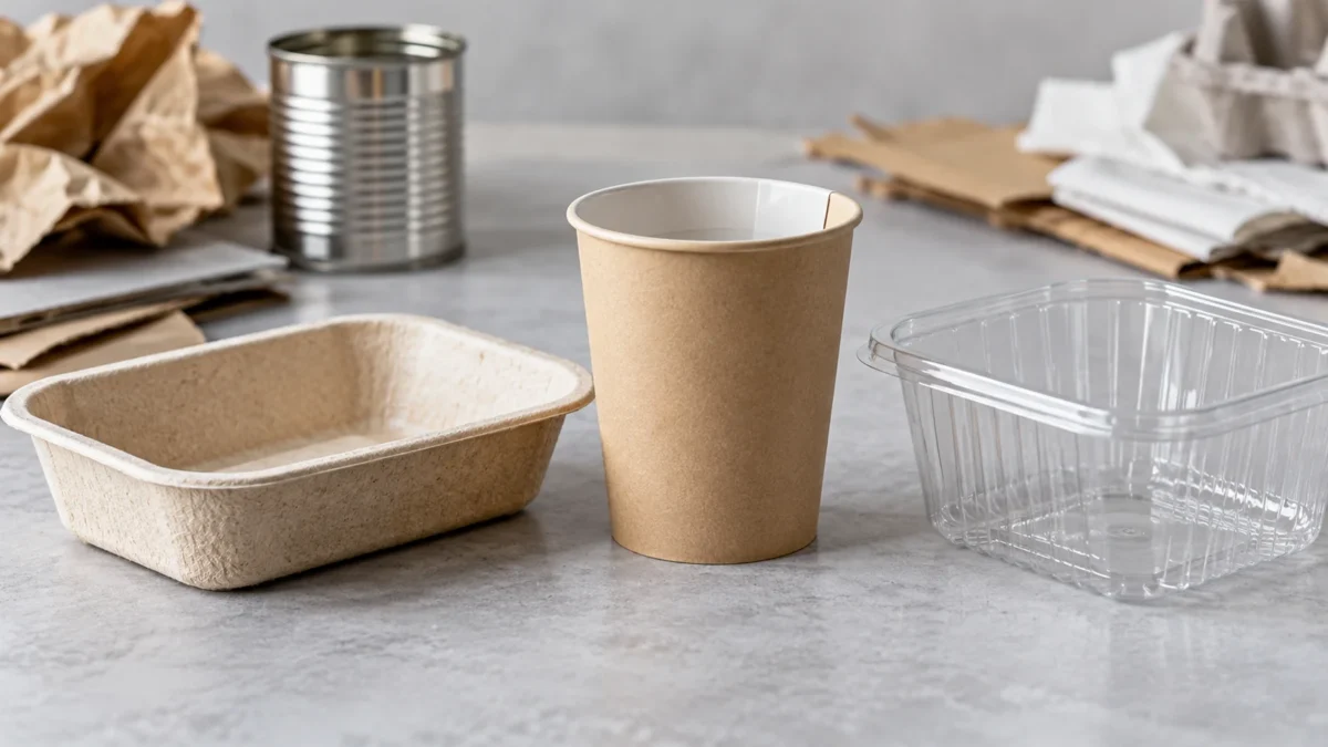 AI-generated editorial illustration of a fiber tray, a paper cup and a clear container with different constructions.