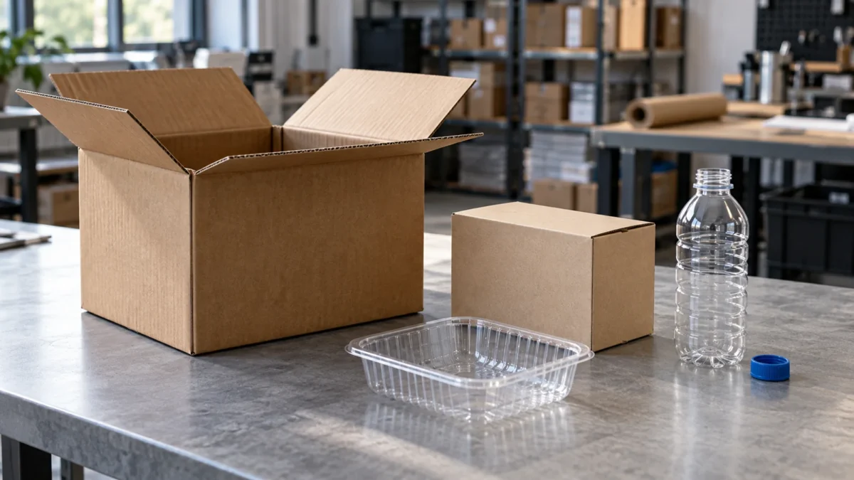 AI-generated editorial illustration of unbranded packaging formats on a workbench.