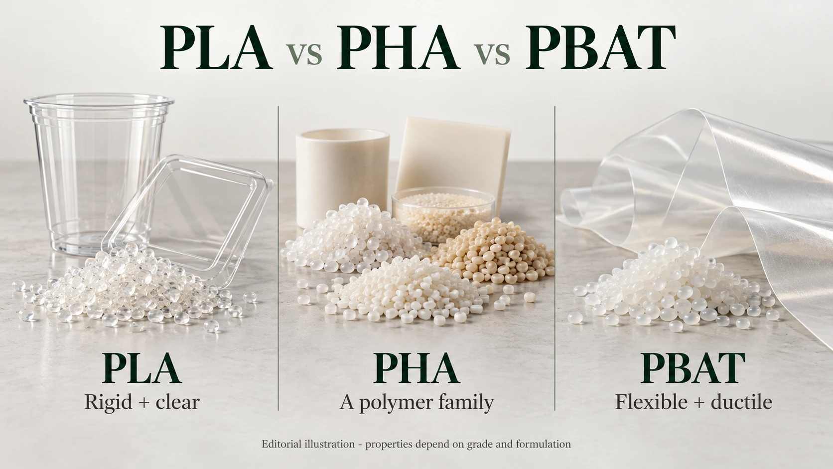 AI-generated comparison illustration: PLA clear rigid packaging, several PHA material forms and PBAT flexible film, shown as generic examples rather than identified resin samples.