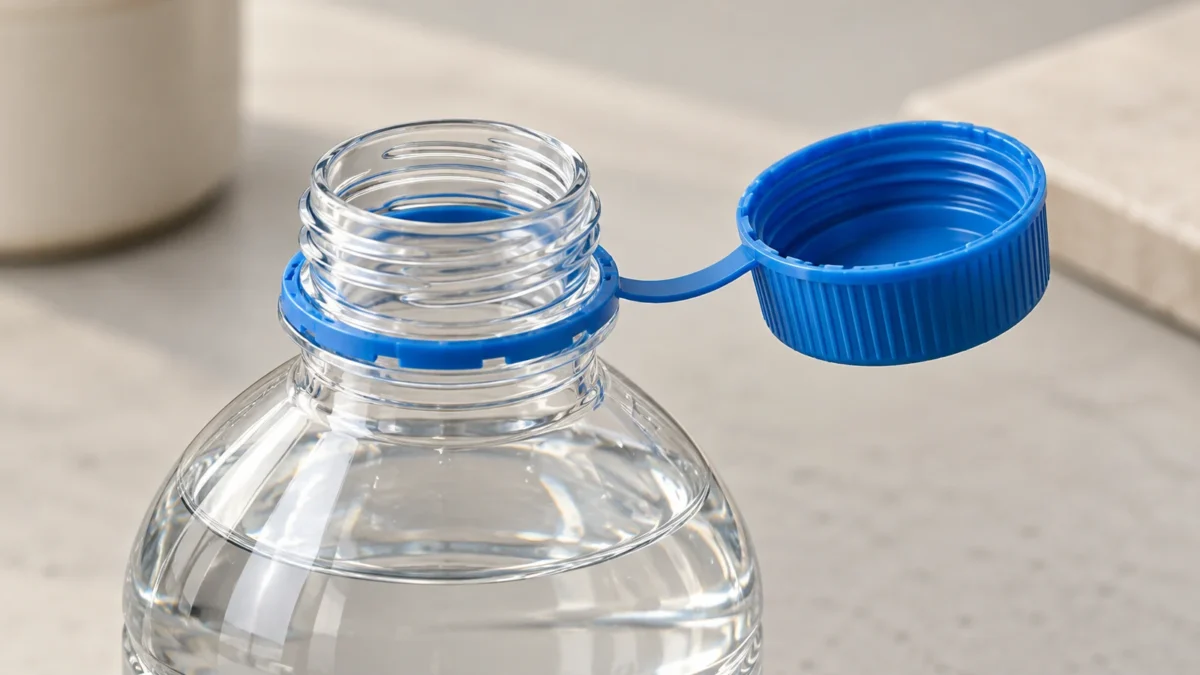 A blue cap connected to the neck of an unbranded clear beverage bottle by a small plastic tether.