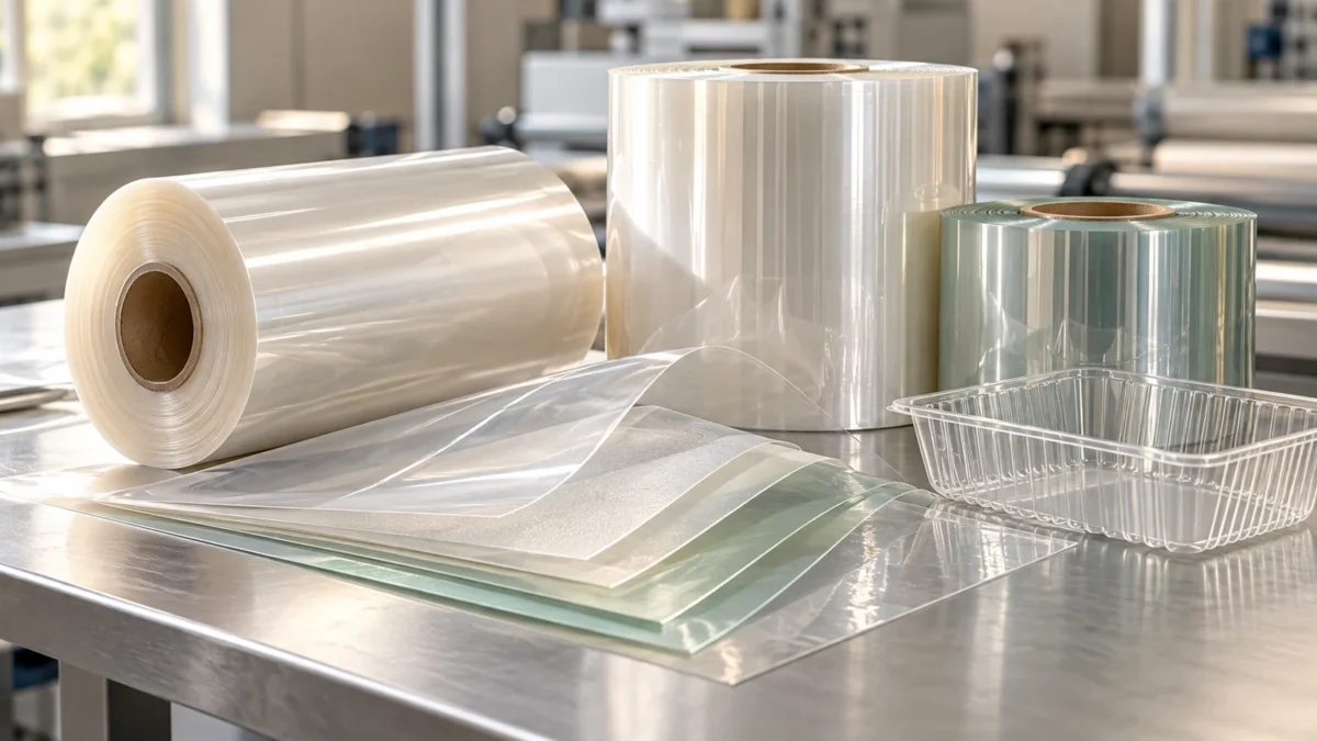 Clear packaging film rolls, cut film samples and an unbranded tray on a workbench.