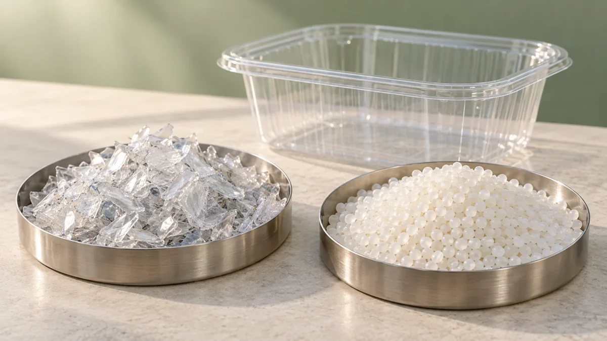 Plastic flakes and pale pellets in separate sample trays with a clear container behind them.