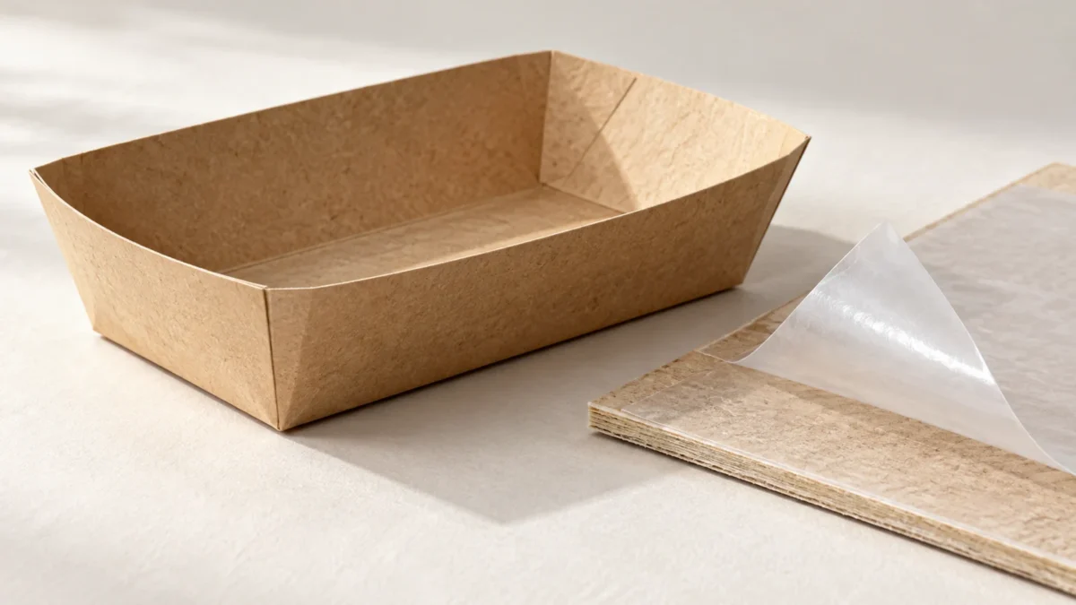 A kraft paperboard tray beside board and translucent barrier-film samples.