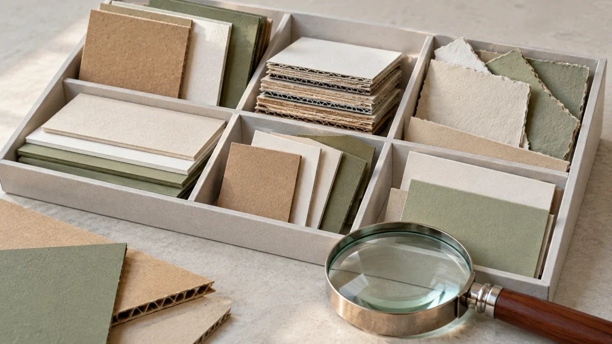 Coated paperboard offcuts in a divided sample tray beside a magnifying lens.