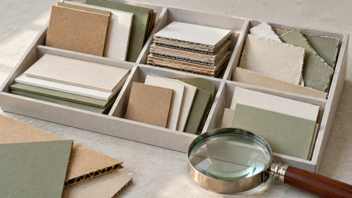 Coated paperboard offcuts in a divided sample tray beside a magnifying lens.