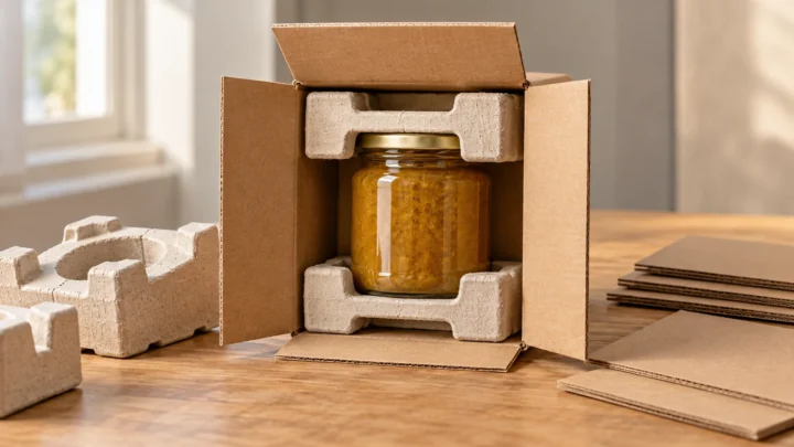 A fitted corrugated carton and moulded-fibre supports protecting a plain glass jar.