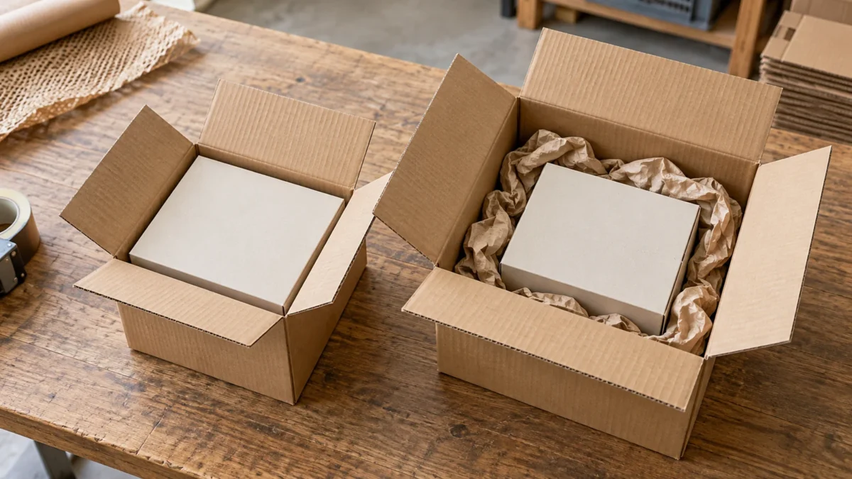 Two shipping boxes showing a close fit and an oversized pack with paper filler.