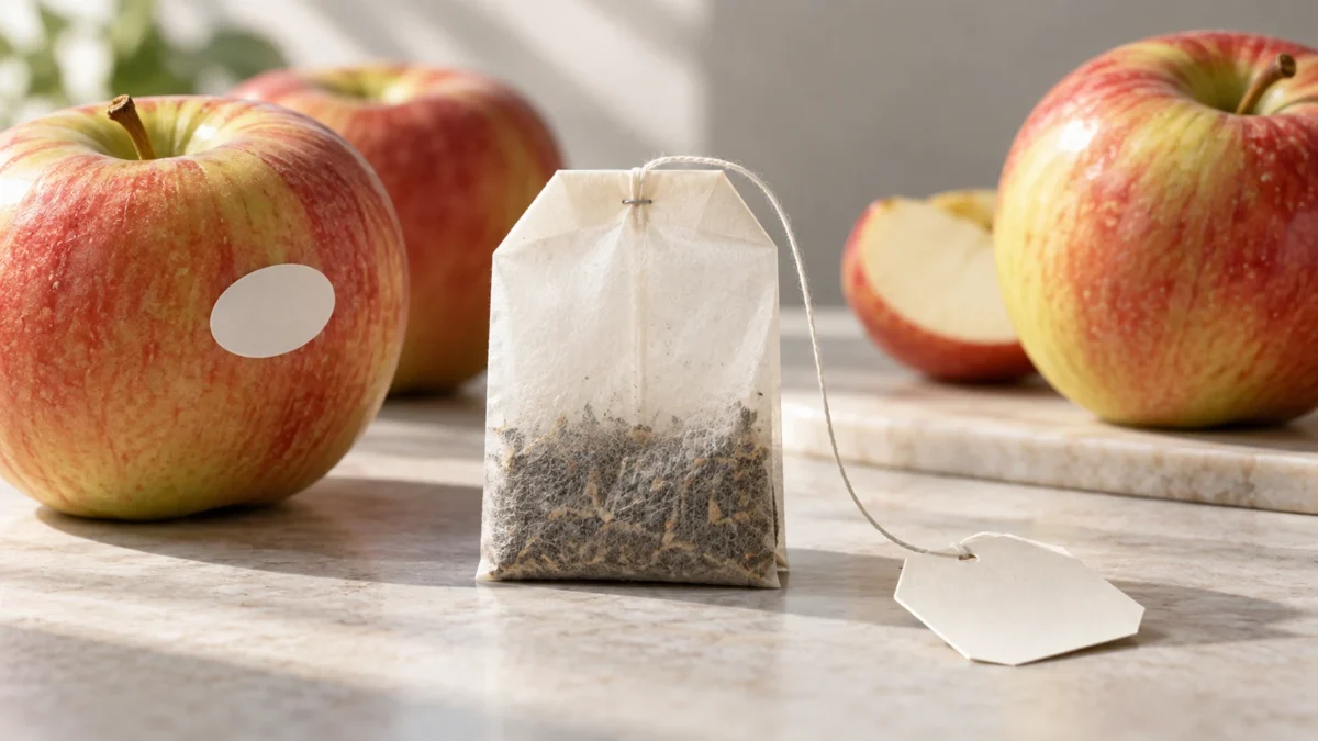 A plain tea bag and apples with a small blank fruit sticker.
