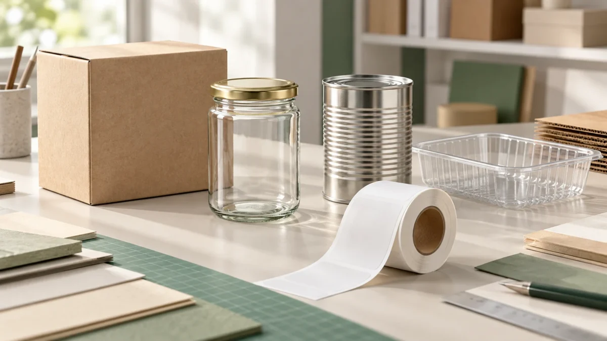 Different packaging materials beside a roll of blank labels.