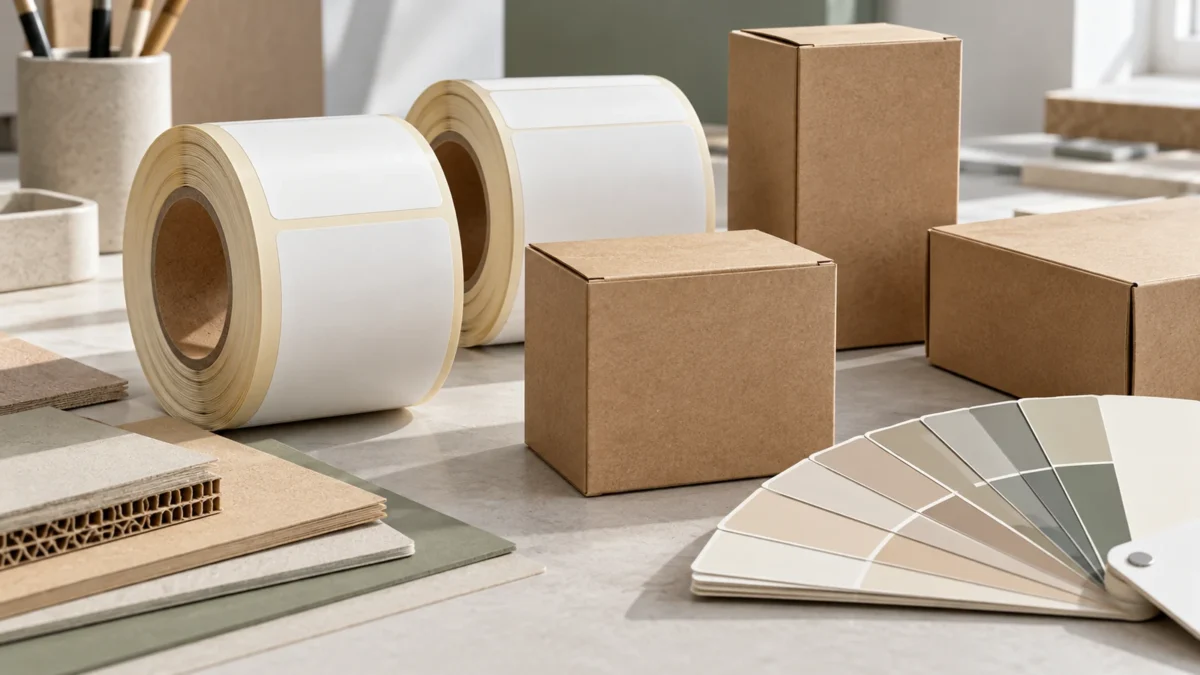 Blank label rolls, plain cartons and a colour swatch fan on a design desk.
